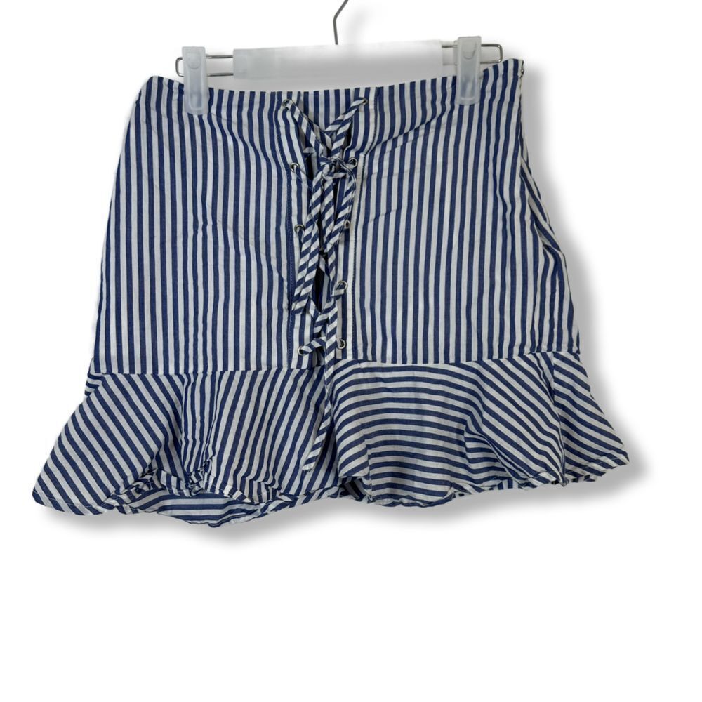 JOA Womens Mini Skirt Sz S Blue White Striped Cotton Lace-Up Zipper Closure W250